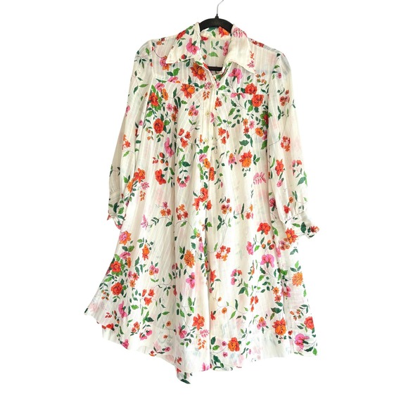 Vintage Dresses & Skirts - Vintage 70s Floral Striped Sheer Prairie Boho Mini Shirt Dress White Orange Pink